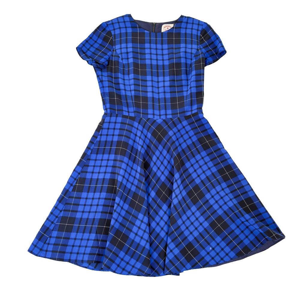 Brooks Brothers Silk Plaid Dress Sz 2 Royal Blue Black Tartan Fit Flare Short